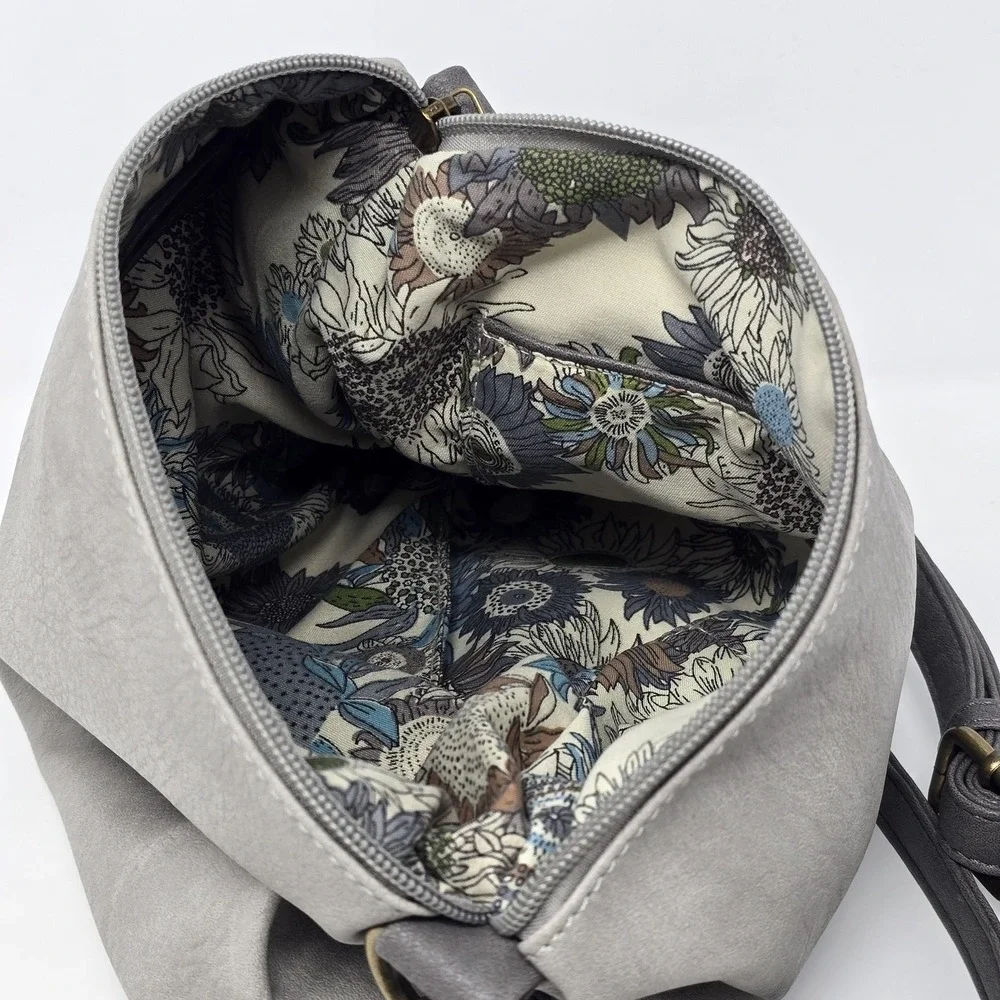 Liz Soto Hobo Bag Womens Medium Gray Soft Faux Leather Crossbody Floral Lining‎